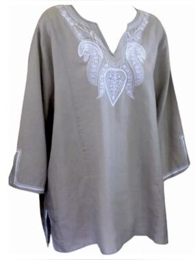 Symple NYC Embroidered Linen Tunic Top Boho Split V-Neck Beige Gray Plus Sz 2X